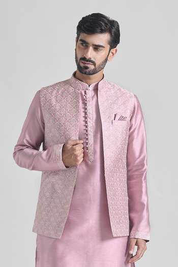 Buy_Arihant Rai Sinha_Pink Brocade, Silk Embroidery Floral Bundi Kurta Set _at_Aza_Fashions
