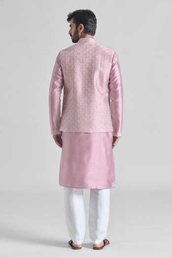 Shop_Arihant Rai Sinha_Pink Brocade, Silk Embroidery Floral Bundi Kurta Set _at_Aza_Fashions