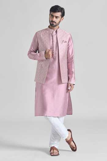Arihant Rai Sinha_Pink Brocade, Silk Embroidery Floral Bundi Kurta Set _Online_at_Aza_Fashions