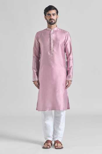 Buy_Arihant Rai Sinha_Pink Brocade, Silk Embroidery Floral Bundi Kurta Set _Online_at_Aza_Fashions