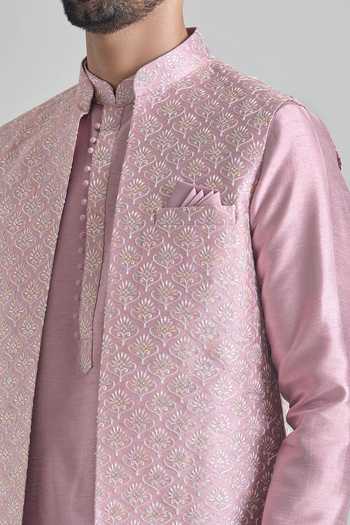 Buy_Arihant Rai Sinha_Pink Brocade, Silk Embroidery Floral Bundi Kurta Set 