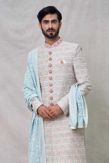 Buy_Arihant Rai Sinha_Green Silk Sequins Lotus Darbar Bloom Embroidered Sherwani Set _at_Aza_Fashions