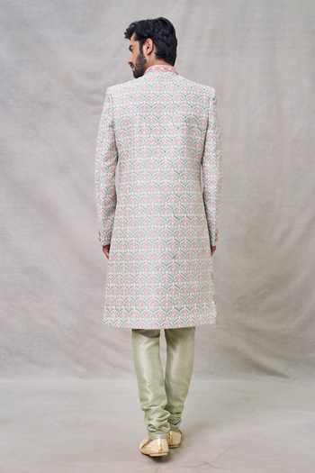 Shop_Arihant Rai Sinha_Green Silk Sequins Lotus Darbar Bloom Embroidered Sherwani Set _at_Aza_Fashions