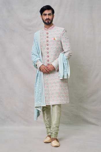 Arihant Rai Sinha_Green Silk Sequins Lotus Darbar Bloom Embroidered Sherwani Set _Online_at_Aza_Fashions
