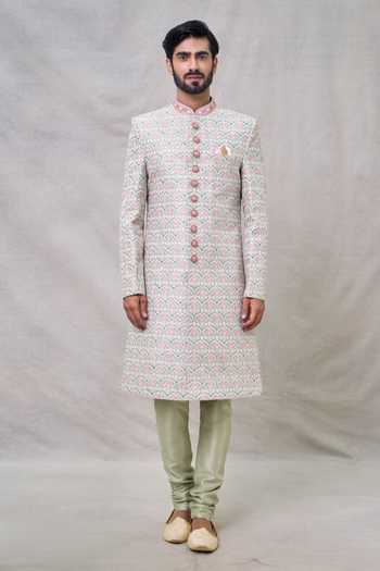 Shop_Arihant Rai Sinha_Green Silk Sequins Lotus Darbar Bloom Embroidered Sherwani Set _Online_at_Aza_Fashions