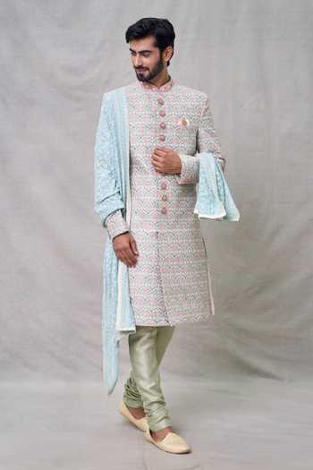 Arihant Rai Sinha_Green Silk Sequins Lotus Darbar Bloom Embroidered Sherwani Set _at_Aza_Fashions