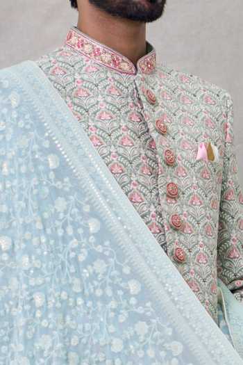 Buy_Arihant Rai Sinha_Green Silk Sequins Lotus Darbar Bloom Embroidered Sherwani Set 