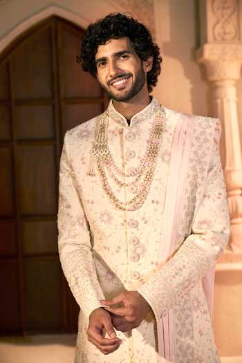 Buy_Arihant Rai Sinha_Cream Silk, Dupion Embroidery, Sequins Floral Sherwani Set _at_Aza_Fashions