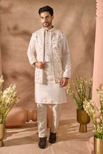 Arihant Rai Sinha_Off White Silk Embroidery Bundi And Kurta Set 