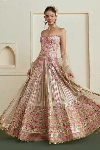 Shop_Gopi Vaid_Beige Georgette, Net Sweetheart Ameesha Embroidered Blouse Flared Lehenga Set _Online_at_Aza_Fashions