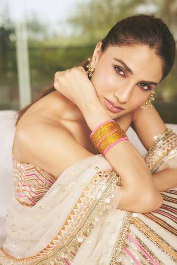 Shop_Gopi Vaid_Beige Georgette, Net Sweetheart Ameesha Embroidered Blouse Flared Lehenga Set 