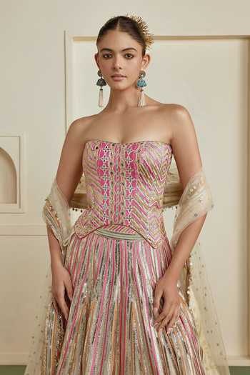 Gopi Vaid_Beige Georgette, Net Sweetheart Ameesha Embroidered Blouse Flared Lehenga Set _Online