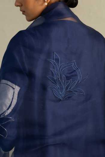Buy_Charkhee_Blue Chanderi, Organza Split V-neck, Yes Floral Patchwork Embroidered Kurta Set _Online_at_Aza_Fashions