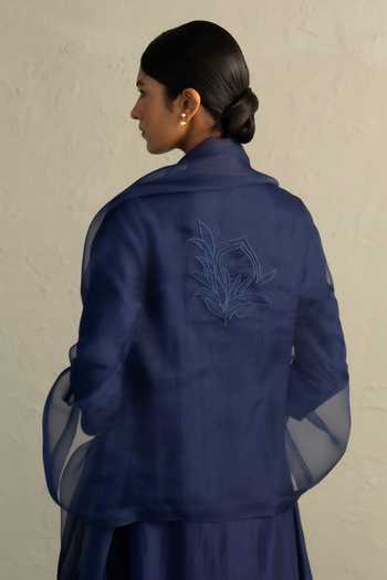 Shop_Charkhee_Blue Chanderi, Organza V-neck, Yes Border Embroidered Kurta Set _Online_at_Aza_Fashions