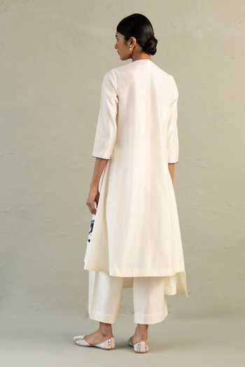 Shop_Charkhee_Ivory Chanderi, Cotton V-neck Placement Embroidered Kurta And Pant Set _at_Aza_Fashions