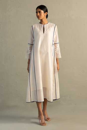 Charkhee_Ivory Chanderi, Cotton Keyhole Neck Embroidered Dress _Online_at_Aza_Fashions