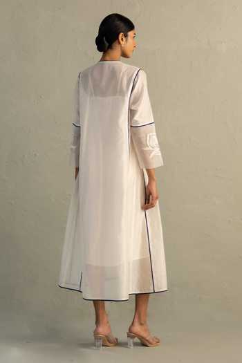 Shop_Charkhee_Ivory Chanderi, Cotton Keyhole Neck Embroidered Dress _at_Aza_Fashions