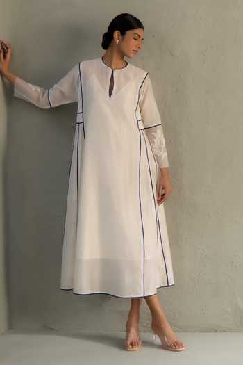 Buy_Charkhee_Ivory Chanderi, Cotton Keyhole Neck Embroidered Dress _at_Aza_Fashions