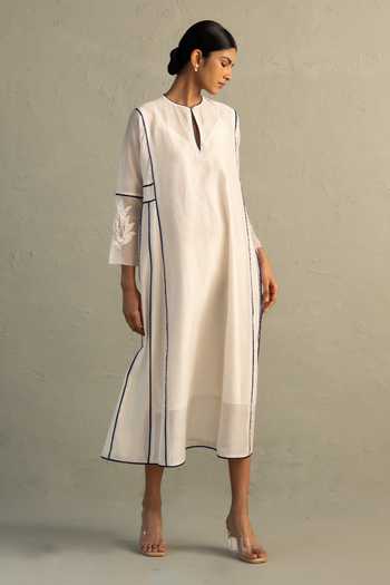 Buy_Charkhee_Ivory Chanderi, Cotton Keyhole Neck Embroidered Dress _Online_at_Aza_Fashions