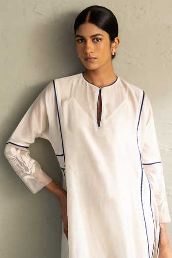 Shop_Charkhee_Ivory Chanderi, Cotton Keyhole Neck Embroidered Dress _Online_at_Aza_Fashions