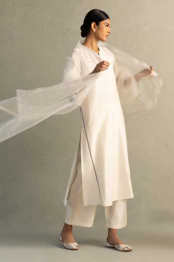 Shop_Charkhee_Ivory Chanderi, Cotton Split V-neck, Yes Lotus Placement Embroidered Kurta Set _Online_at_Aza_Fashions