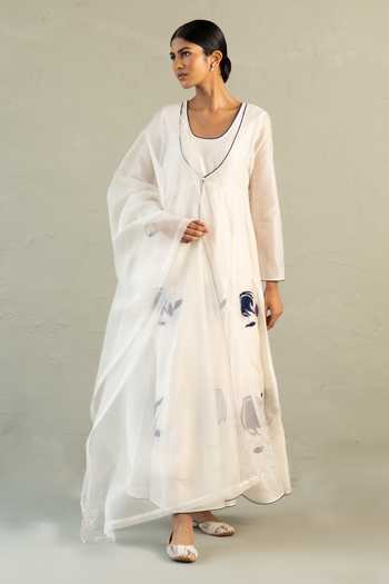 Charkhee_Ivory Chanderi, Cotton, Organza Leaf Patchwork Embroidered Anarkali Pant Set _Online_at_Aza_Fashions