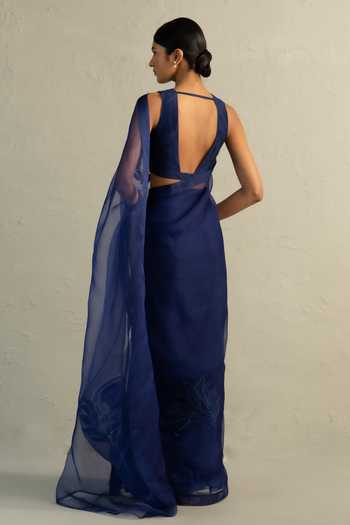 Shop_Charkhee_Blue Organza, Chanderi V-neck Applique Work Saree With Blouse _at_Aza_Fashions