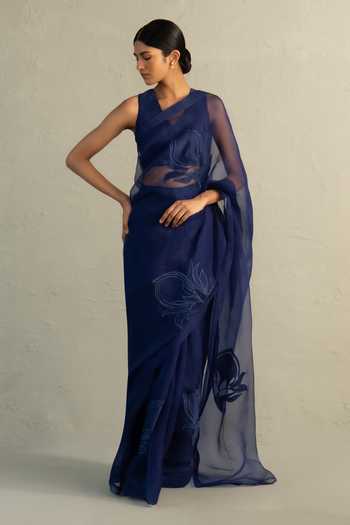 Charkhee_Blue Organza, Chanderi V-neck Applique Work Saree With Blouse _Online_at_Aza_Fashions