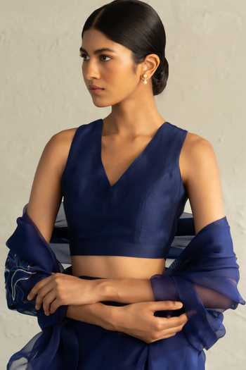 Shop_Charkhee_Blue Organza, Chanderi V-neck Applique Work Saree With Blouse _Online_at_Aza_Fashions