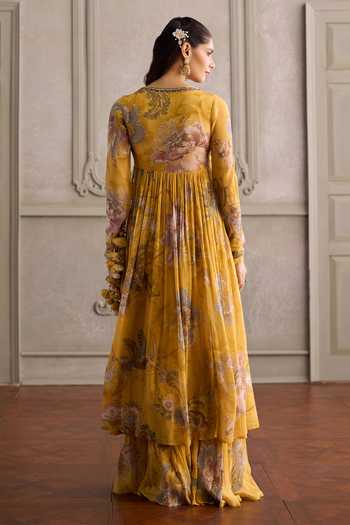 Kalista_Yellow Viscose Georgette, Net Keyhole Neck Navyha Floral Print Angarkha Set _Online_at_Aza_Fashions