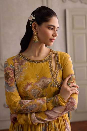 Buy_Kalista_Yellow Viscose Georgette, Net Keyhole Neck Navyha Floral Print Angarkha Set _Online_at_Aza_Fashions