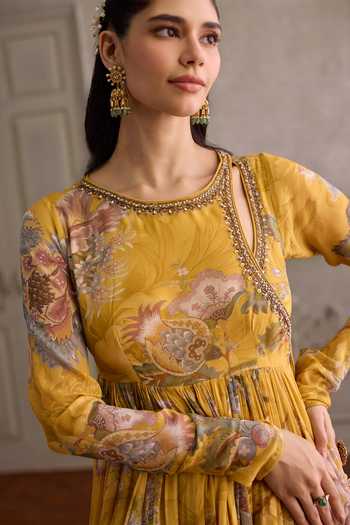 Kalista_Yellow Viscose Georgette, Net Keyhole Neck Navyha Floral Print Angarkha Set _at_Aza_Fashions