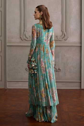 Kalista_Green Viscose Georgette, Net Round Navyha Floral Placement Print Angarkha Set _Online_at_Aza_Fashions