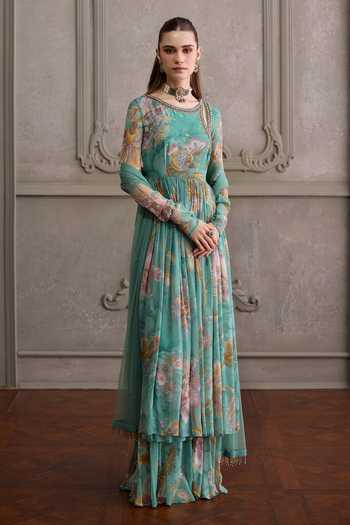 Shop_Kalista_Green Viscose Georgette, Net Round Navyha Floral Placement Print Angarkha Set _Online_at_Aza_Fashions