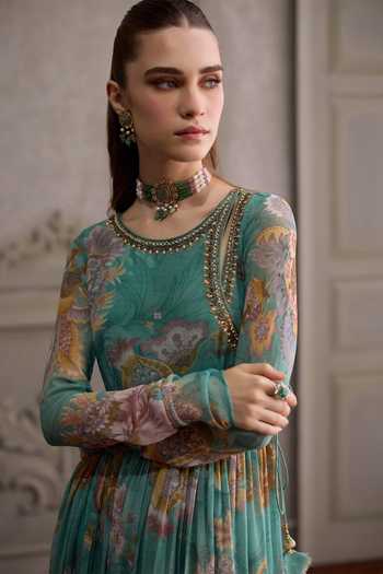 Kalista_Green Viscose Georgette, Net Round Navyha Floral Placement Print Angarkha Set _at_Aza_Fashions