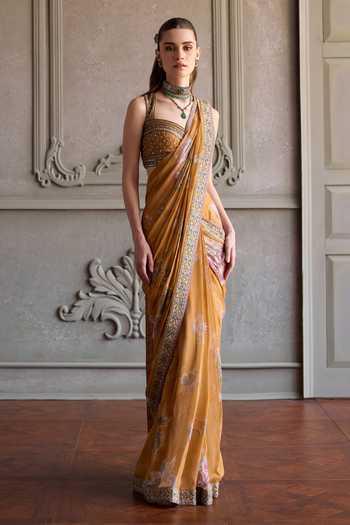 Buy_Kalista_Yellow Viscose Georgette, Silk Sweetheart Yasmin Printed Pre-draped With Blouse _at_Aza_Fashions