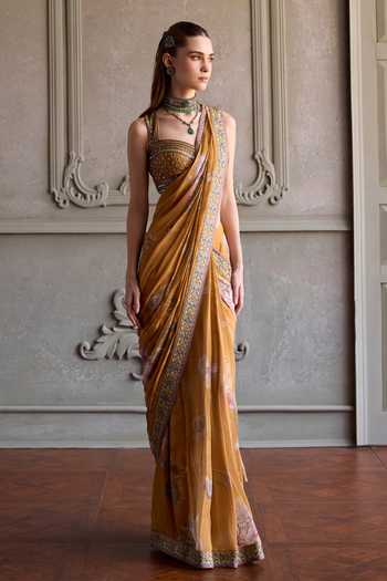 Buy_Kalista_Yellow Viscose Georgette, Silk Sweetheart Yasmin Printed Pre-draped With Blouse _Online_at_Aza_Fashions
