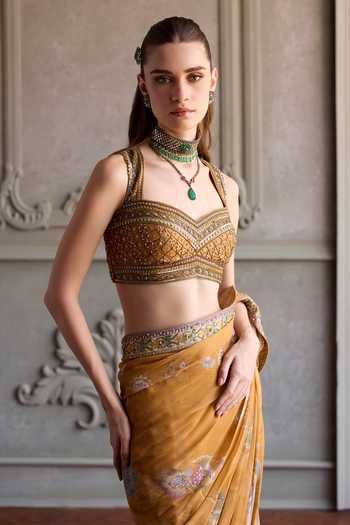 Shop_Kalista_Yellow Viscose Georgette, Silk Sweetheart Yasmin Printed Pre-draped With Blouse _Online_at_Aza_Fashions