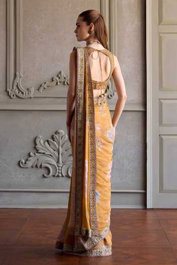 Kalista_Yellow Viscose Georgette, Silk Sweetheart Yasmin Printed Pre-draped With Blouse _Online_at_Aza_Fashions