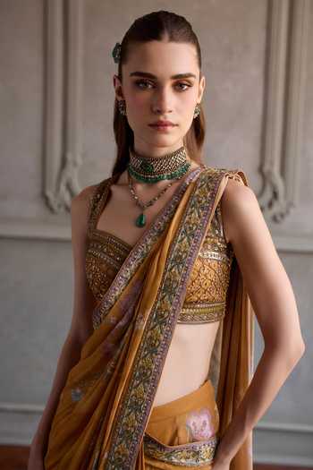 Kalista_Yellow Viscose Georgette, Silk Sweetheart Yasmin Printed Pre-draped With Blouse _at_Aza_Fashions
