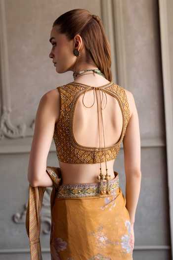 Shop_Kalista_Yellow Viscose Georgette, Silk Sweetheart Yasmin Printed Pre-draped With Blouse 