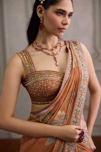 Kalista_Orange Viscose Georgette, Silk Yasmin Floral Print Pre-draped Saree With Blouse _Online_at_Aza_Fashions