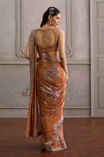 Shop_Kalista_Orange Viscose Georgette, Silk Yasmin Floral Print Pre-draped Saree With Blouse _at_Aza_Fashions