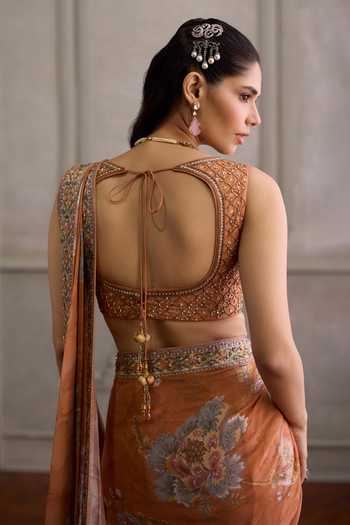 Shop_Kalista_Orange Viscose Georgette, Silk Yasmin Floral Print Pre-draped Saree With Blouse _Online_at_Aza_Fashions