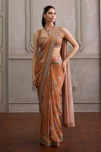 Kalista_Orange Viscose Georgette, Silk Yasmin Floral Print Pre-draped Saree With Blouse _at_Aza_Fashions