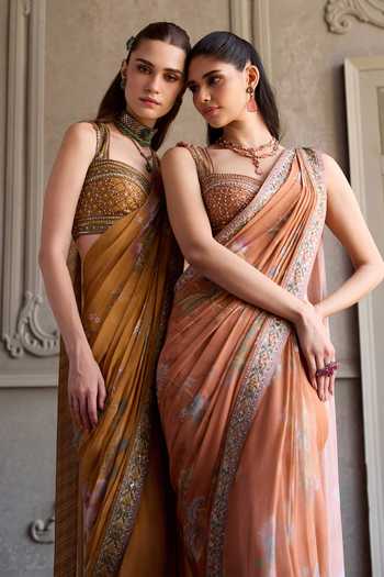 Buy_Kalista_Orange Viscose Georgette, Silk Yasmin Floral Print Pre-draped Saree With Blouse 