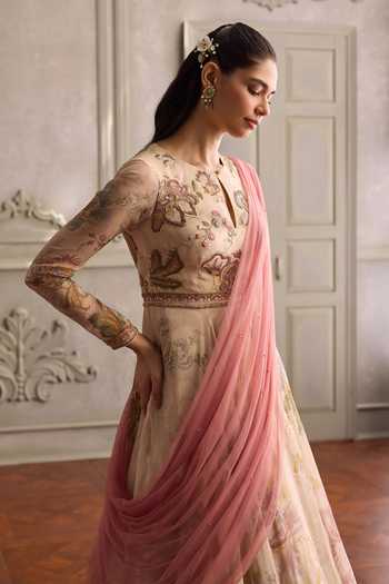Buy_Kalista_Ivory Organza, Viscose, Net Keyhole Ariya Floral Print Anarkali With Dupatta _Online_at_Aza_Fashions
