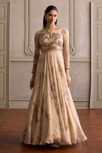 Shop_Kalista_Ivory Organza, Viscose, Net Keyhole Ariya Floral Print Anarkali With Dupatta _Online_at_Aza_Fashions
