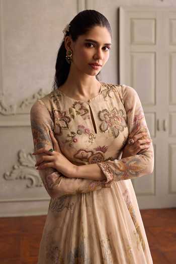 Kalista_Ivory Organza, Viscose, Net Keyhole Ariya Floral Print Anarkali With Dupatta _at_Aza_Fashions