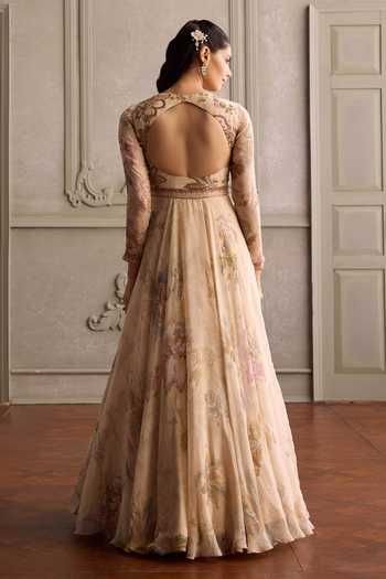 Kalista_Ivory Organza, Viscose, Net Keyhole Ariya Floral Print Anarkali With Dupatta _Online_at_Aza_Fashions